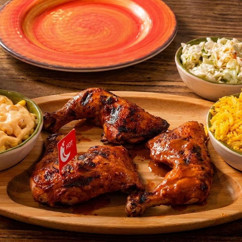 Grilled chicken quarters with mac and cheese, yellow rice, coleslaw, and a soda on a wooden tray.