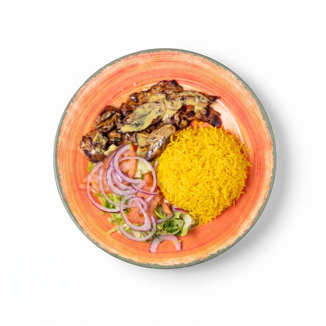 Boneless Lamb Chops Over Rice Bowl.