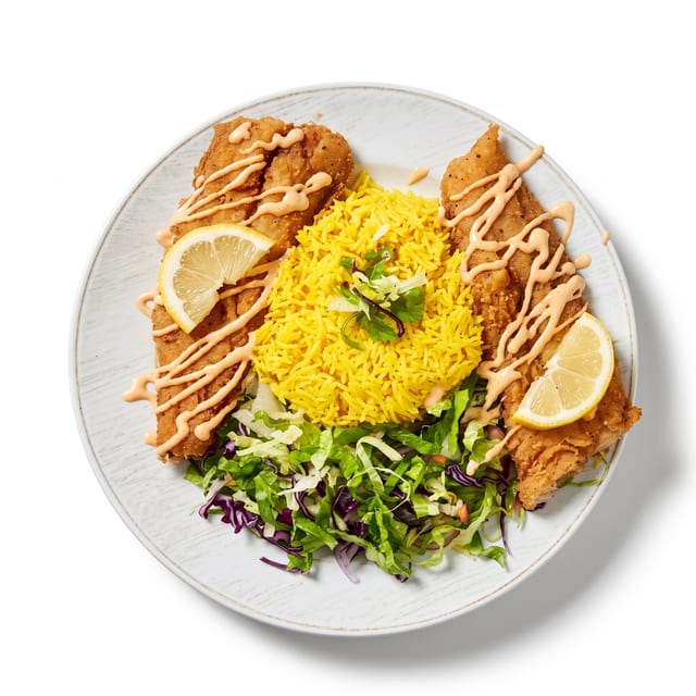 Fish, Rice Bowl, Salad & Fountain Drink Combo.